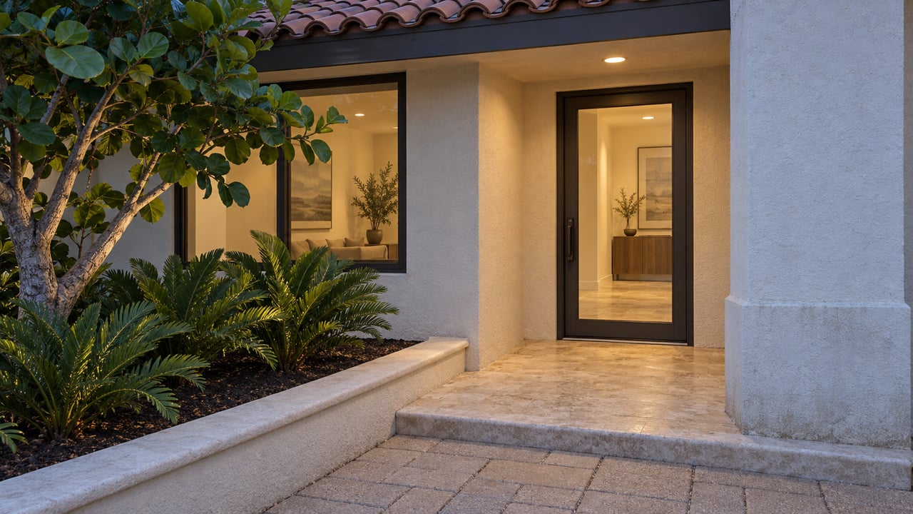Warmly illuminated glazed entry of a white stucco home at dusk, with terracotta roof tiles, a limestone porch and sea grape planting.