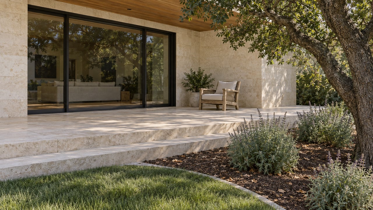 Limestone terrace and broad garden steps beside a wood-lined covered patio, with a mature oak and carefully spaced flowering sage.