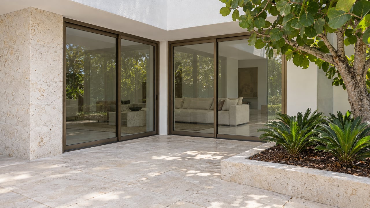 A shaded limestone terrace beside closed bronze-framed glass doors, with a sea grape tree and three coontie plants in a raised stone bed.