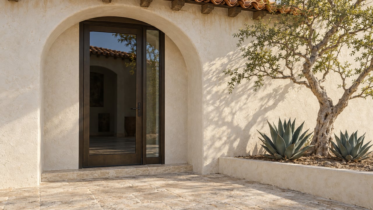 A plaster arch frames a bronze-glazed door beside a desert tree and two agaves on a limestone terrace.