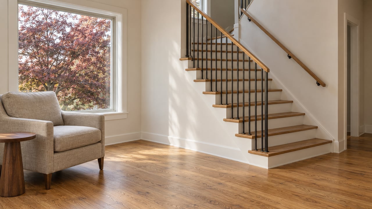 Natural oak stairs and warm-white walls beside a sunlit sitting area, with autumn dogwood foliage outside a closed window.
