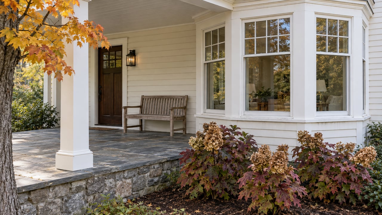 Ivory clapboard home with a glazed window bay, slate porch, teak bench and autumn oakleaf hydrangeas.