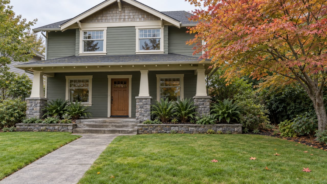 Slate-green Craftsman home with a covered stone-pier porch, deep lawn and an amber-leaved maple beside the front garden.