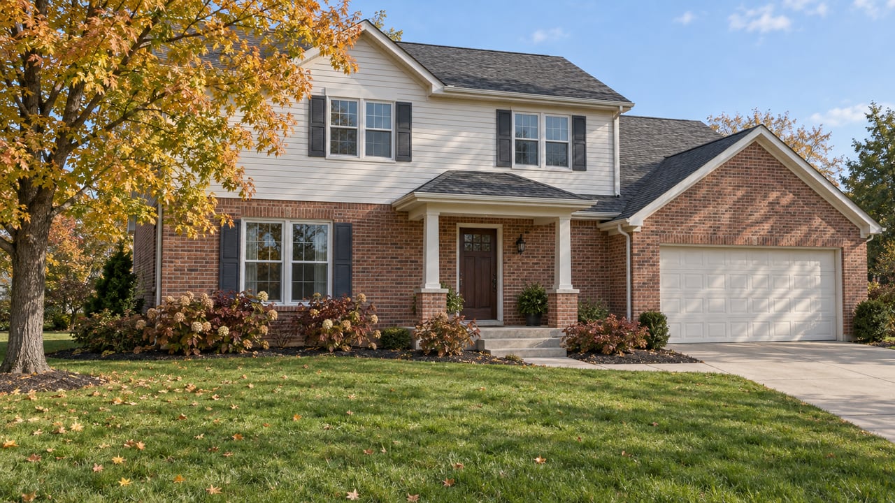 Brick-and-white-siding house with a broad autumn lawn, sugar maple, and oakleaf hydrangeas in clear daylight.