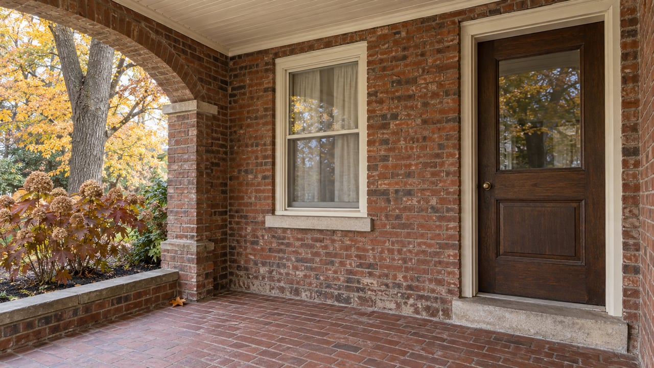 An aged brick porch with a stained oak front door, cream window trim and amber autumn foliage beyond its arch.