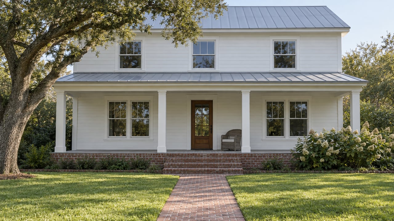 Light-painted two-story home with a broad shaded porch, brick steps, deep front lawn and a spreading live oak.