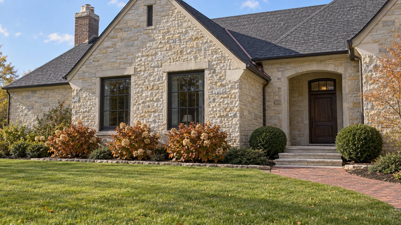Limestone estate home with a steep charcoal gable, brick walkway, broad lawn and autumn oakleaf hydrangeas.