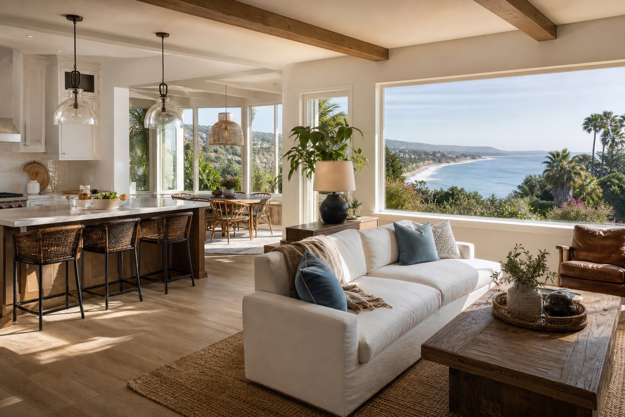 Open-plan living room and kitchen with large windows overlooking the ocean.