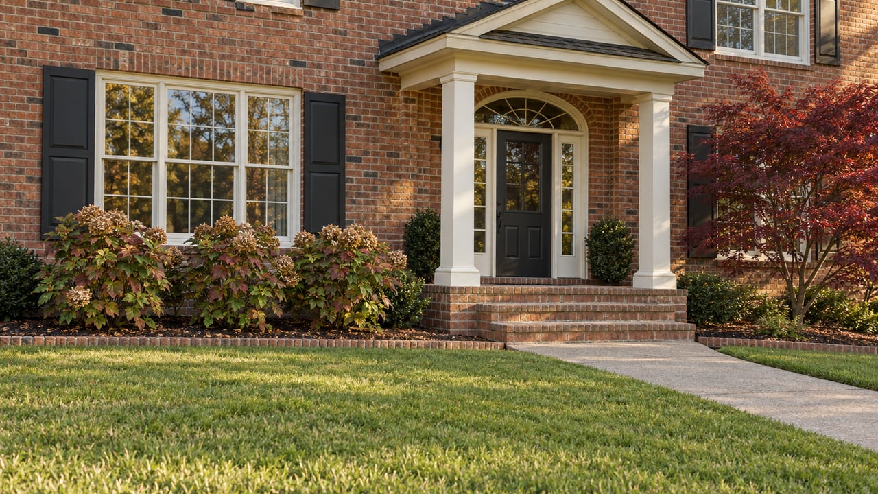 Warm brick house with a cream columned entrance, black shutters, a diagonal concrete walk and autumn garden beds.