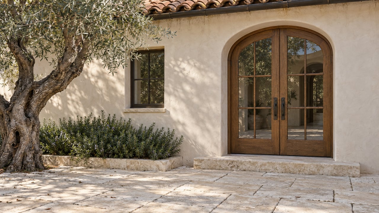 Ivory stucco courtyard house with arched oak doors, a window, olive tree, and limestone paving.