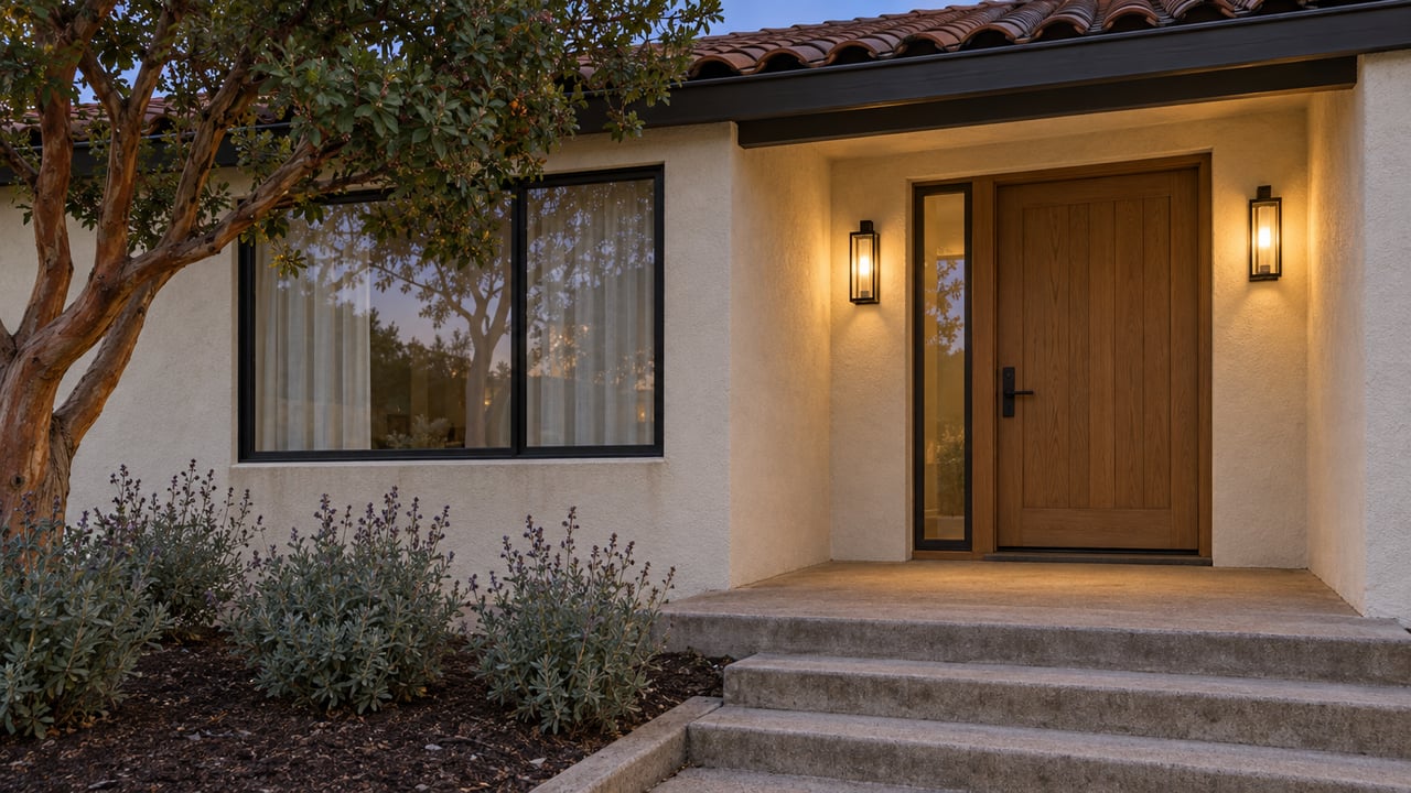 Evening light on a stucco home's oak front door, black-framed window and concrete entry steps beside a sculptural tree.