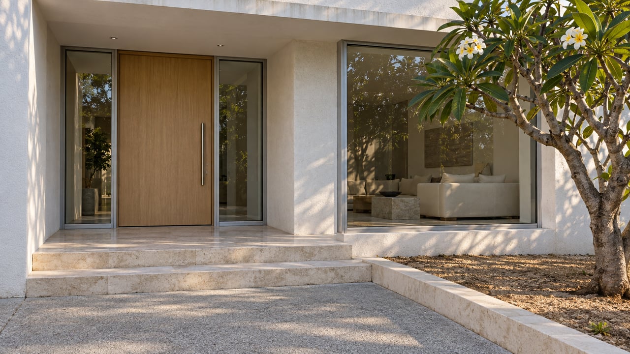 White contemporary home entrance with a sheltered oak door, limestone steps, broad glass window and a sculptural flowering tree.