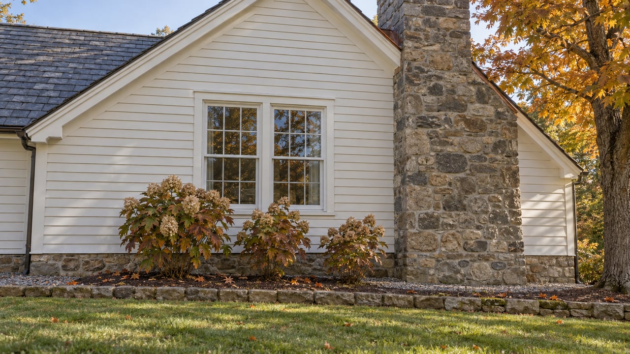 Off-white clapboard gable and fieldstone chimney beside an amber sugar maple, with oakleaf hydrangeas beneath a divided-light window.