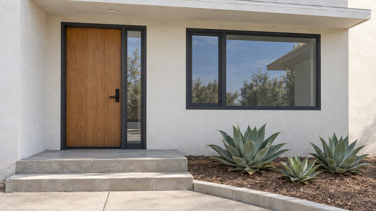 Sunlit pale-stucco home entry with an oak door, dark-framed window, concrete steps and three blue-green aloe rosettes.