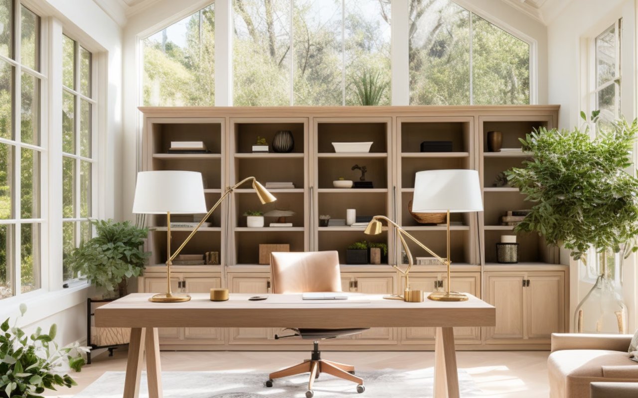 Bright home office with built-in shelving, a large desk, brass lamps, and tall windows.