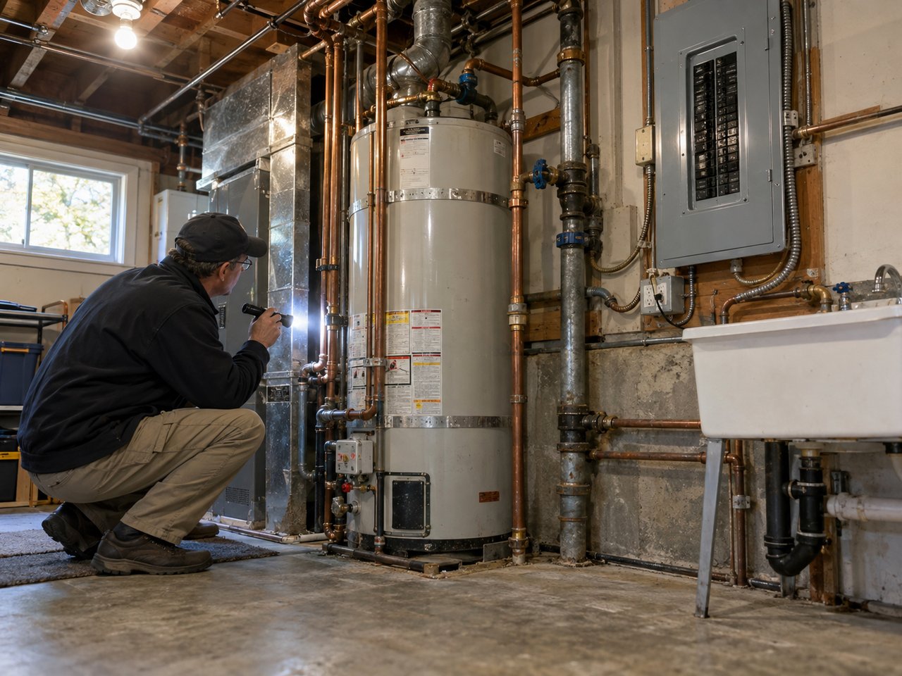 An inspector evaluates accessible plumbing, electrical, and water-heating components together inside the utility area of an older home.