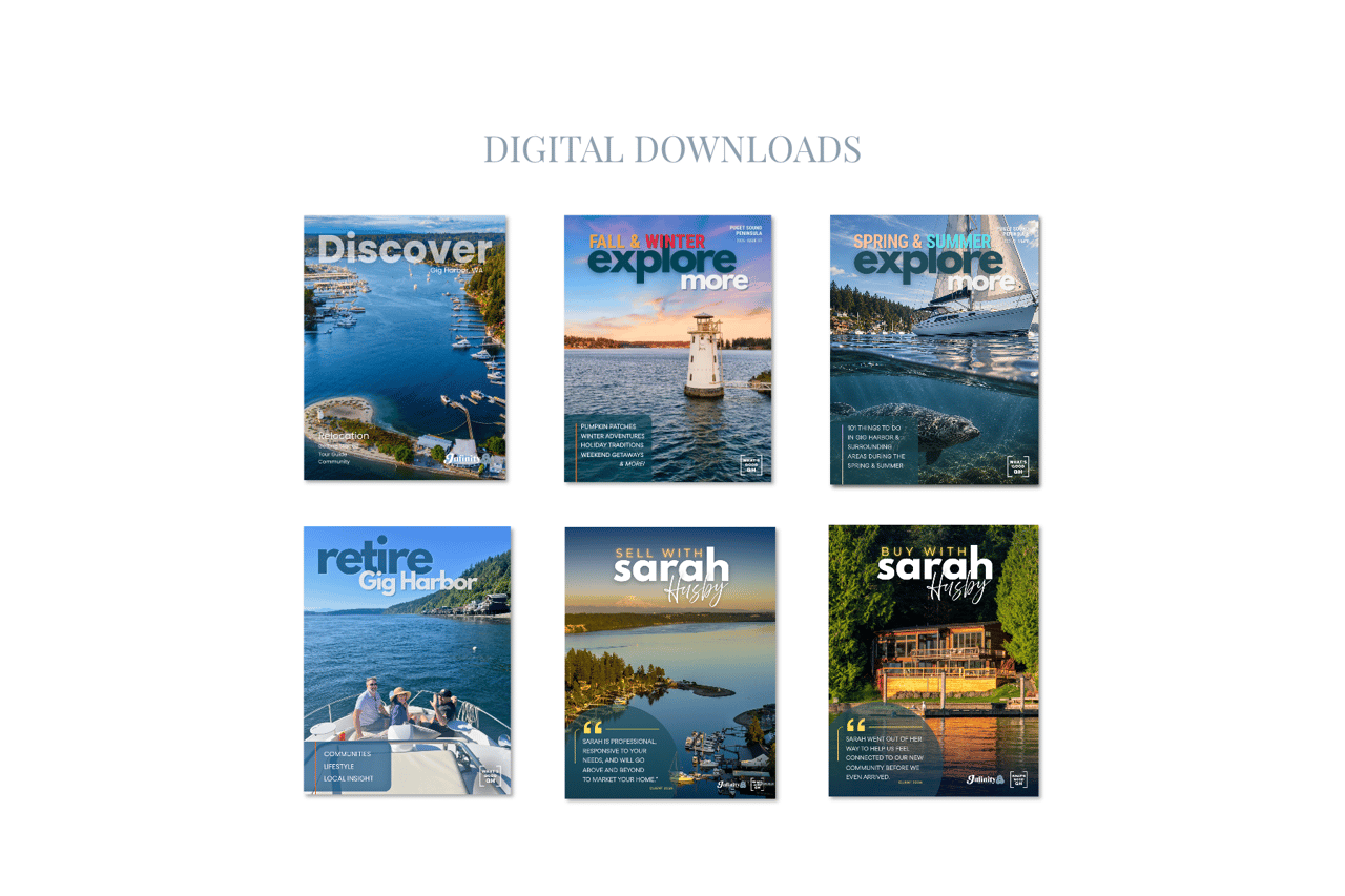 Gig Harbor digital downloads display with seasonal guides, relocation and retirement guides, and real estate brochures.