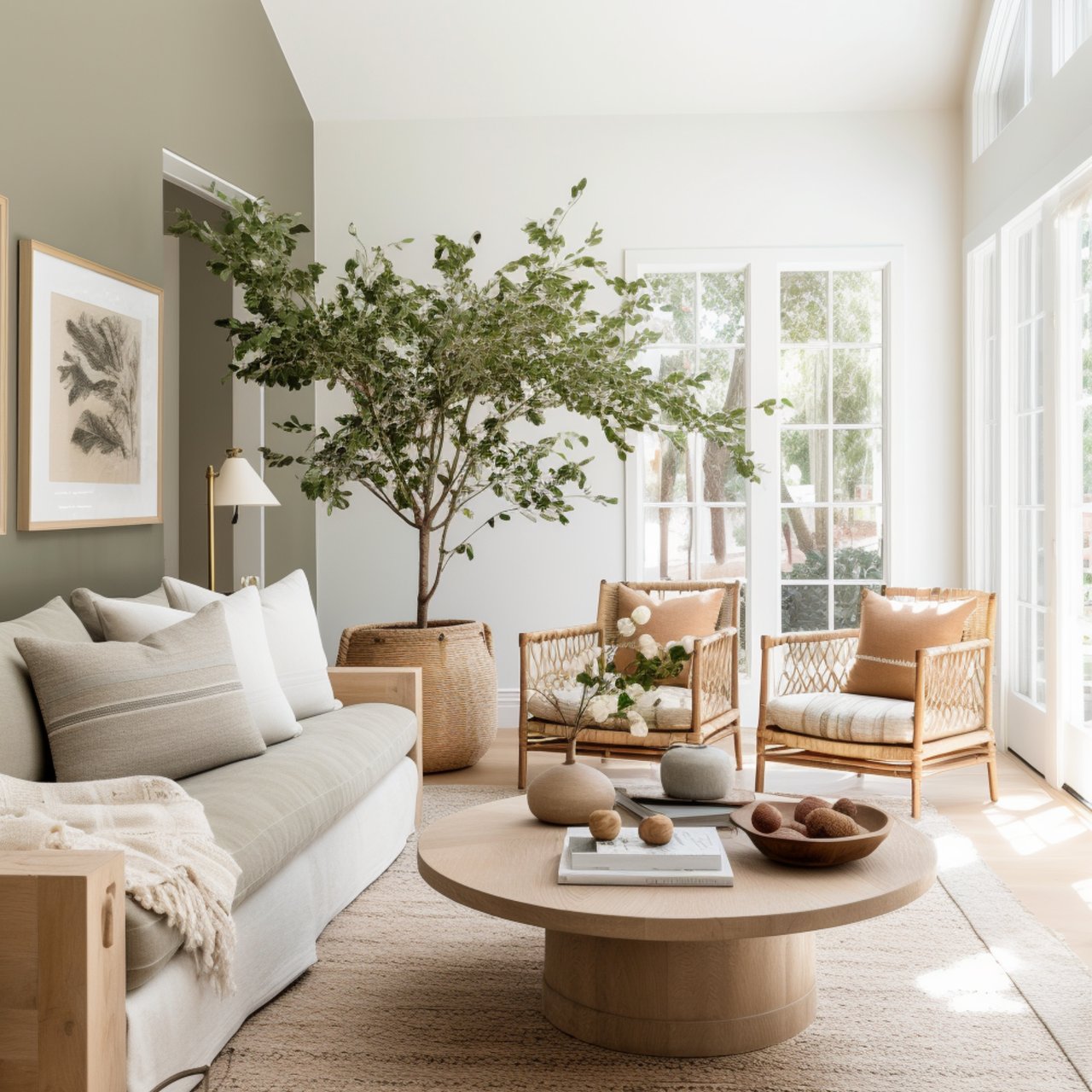 Bright living room with a white sofa, woven chairs, and a large potted tree beside tall windows.