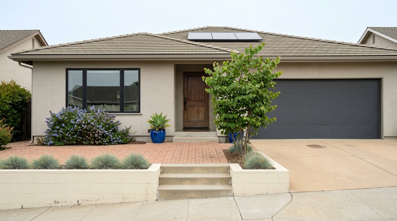 Single-story ranch house with a charcoal garage door, tiled roof, solar panels, and steps beside a sloped driveway.