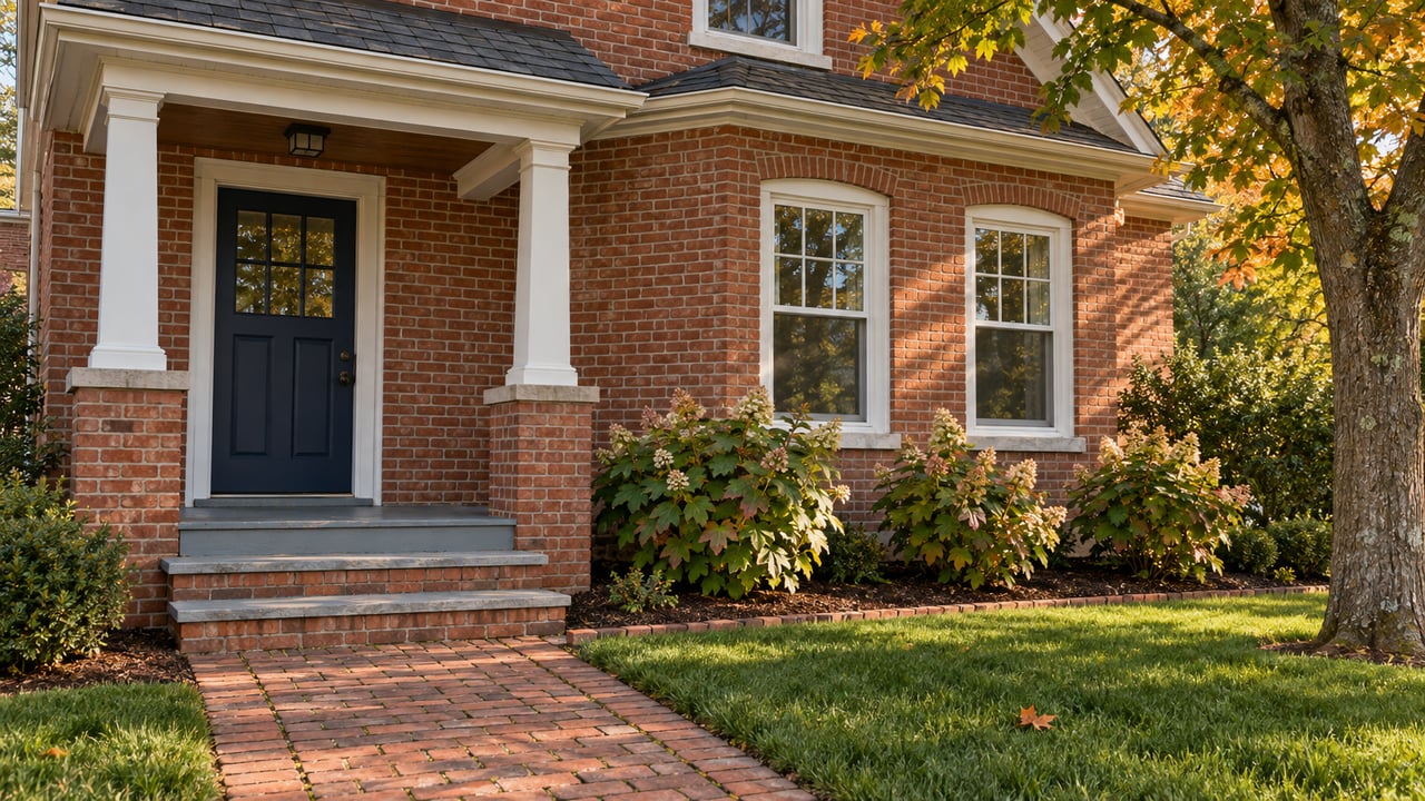 Red brick house with a dark front door, white trim, and an autumn tree beside the walkway.