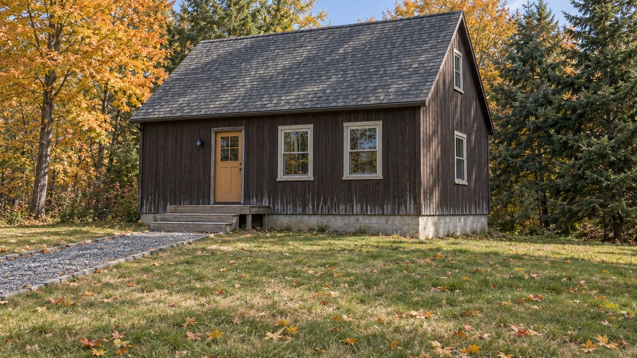 Dark wood-clad gabled home with a shallow timber stoop, gravel approach and broad autumn lawn backed by golden maples and dark spruce.