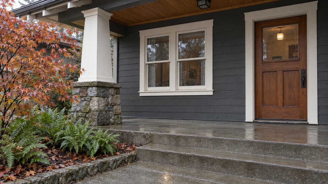 Rain-damp entry steps beneath a cedar-lined porch, with charcoal siding, ivory window trim and copper maple leaves.