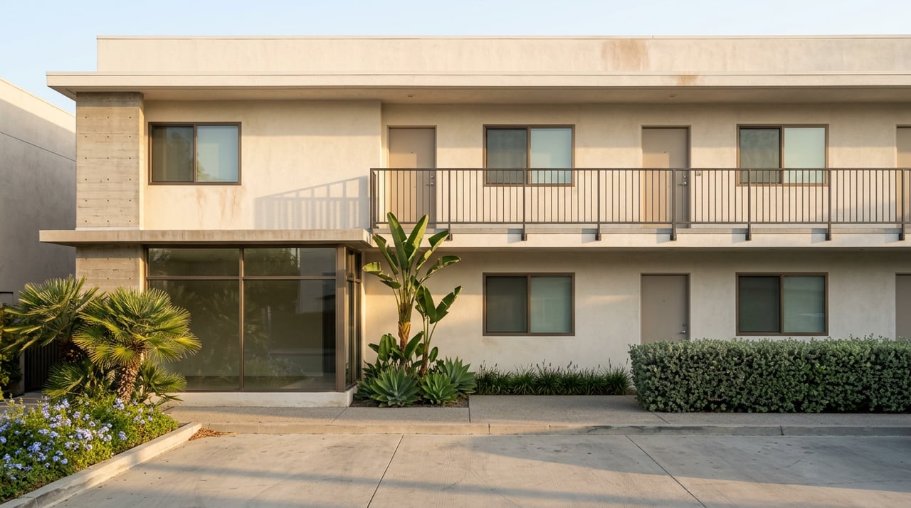 Two-story stucco apartment building with an upper steel-railed walkway, corner storefront glazing, and a planted parking court.