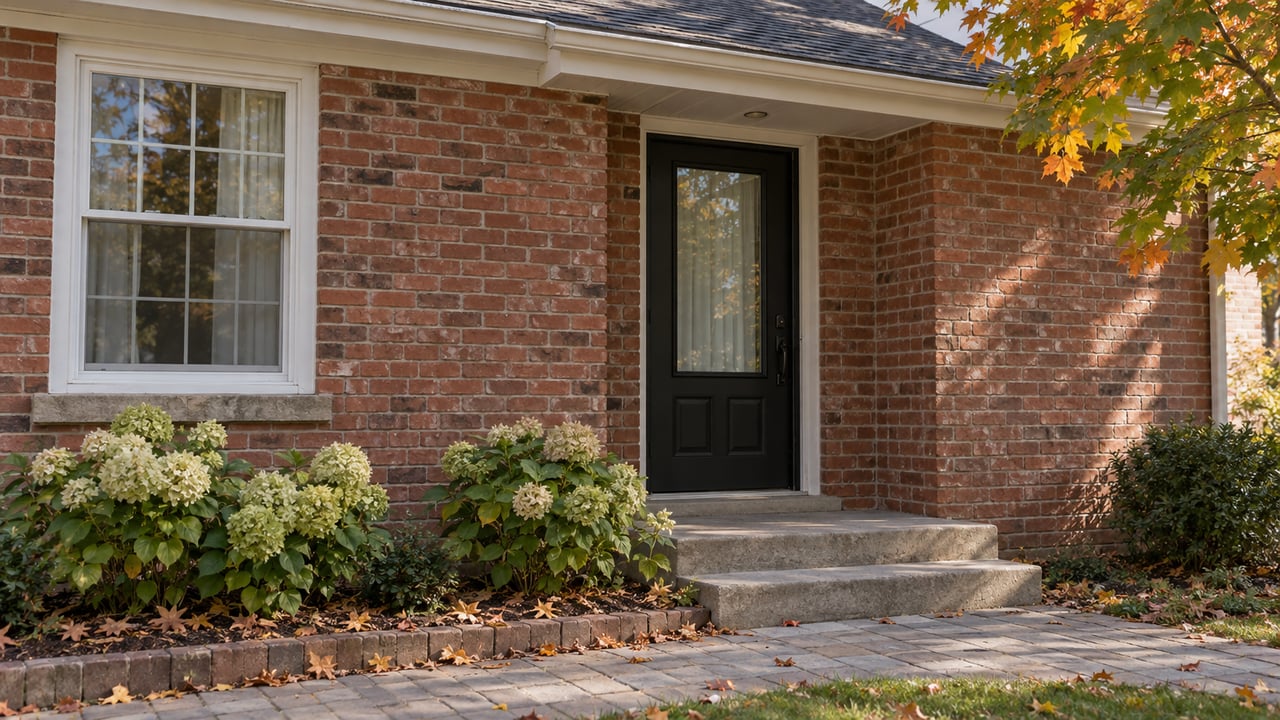 Brick house entry with a black glass door, white-trimmed window, concrete steps, and hydrangeas.