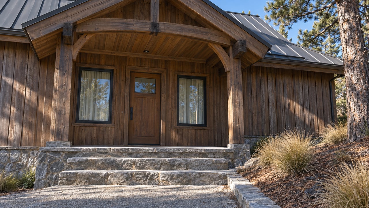 Timber-sided home with a steep metal gable roof, covered entry, worn stone steps and a pine beside the approach.