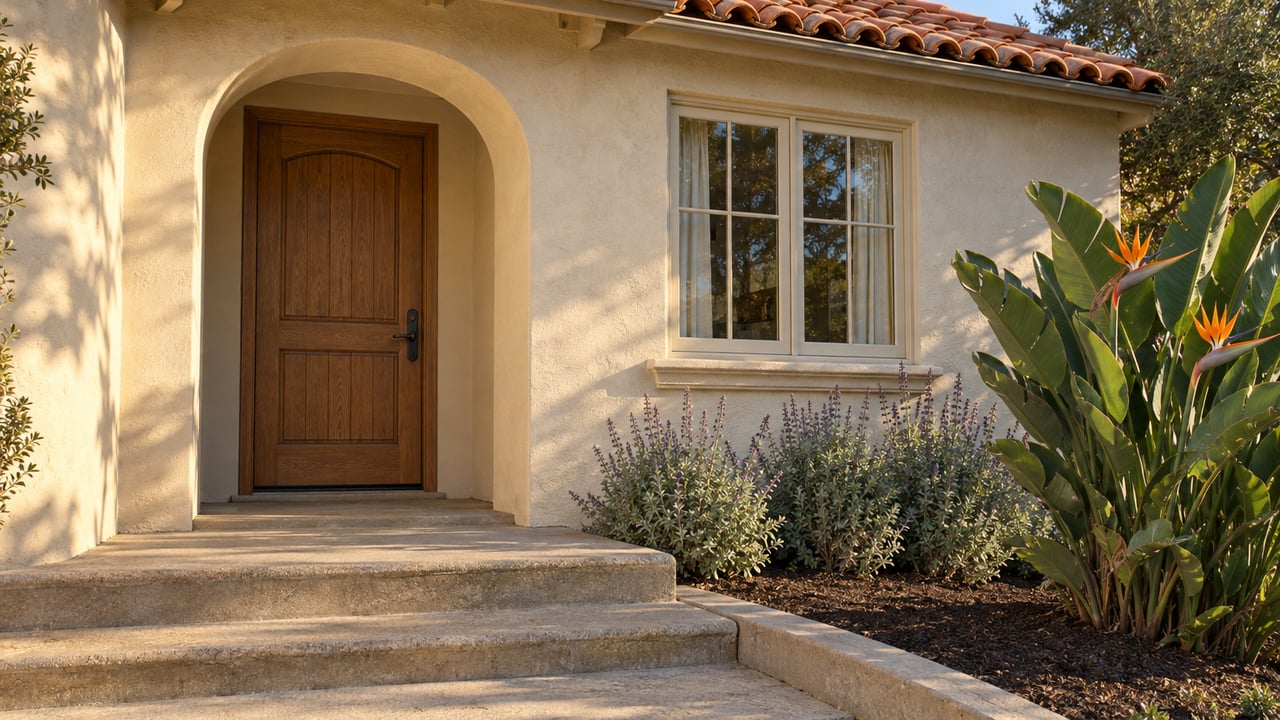 Warm afternoon light on a stucco home's arched oak doorway, clay-tile eave, and concrete steps beside bird-of-paradise and sage planting.