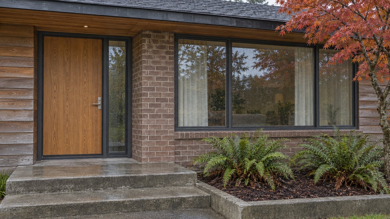Cedar and brick home entrance with a closed oak door, broad window, concrete steps, and autumn Japanese maple foliage.