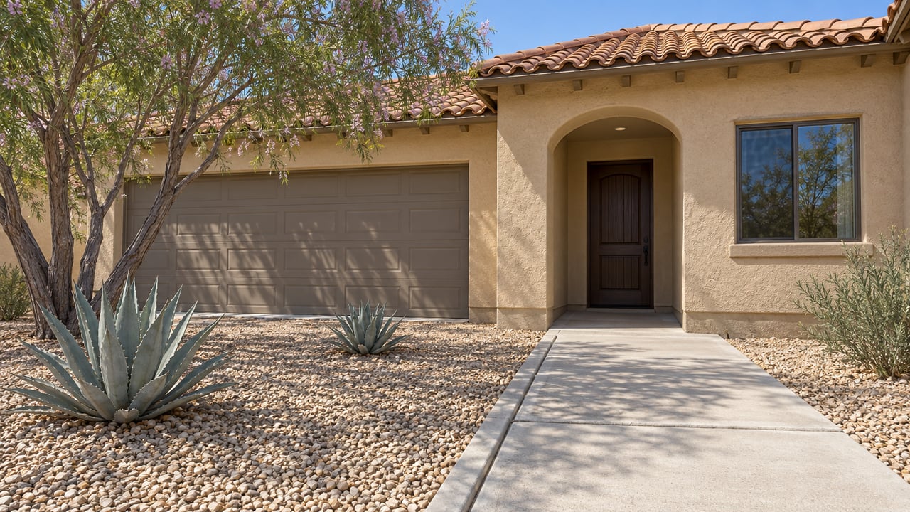 Sand-colored stucco villa with a clay-tile roof, shaded arched entry, gravel garden, desert willow and two sculptural agaves.