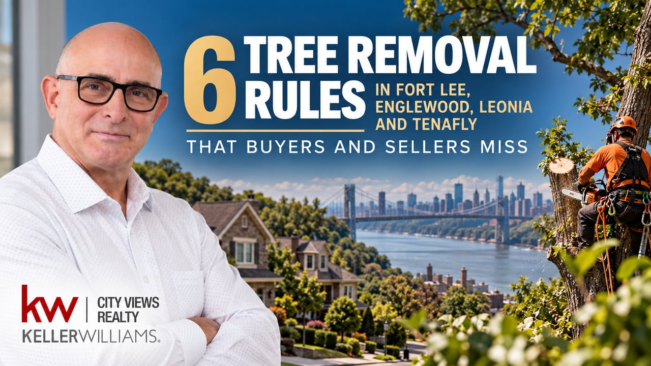 Graphic about six tree removal rules in Fort Lee, Englewood, Leonia, and Tenafly, with a real estate agent and tree worker.