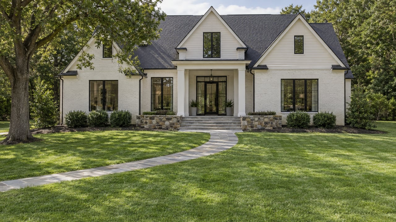 Two-story white brick house with charcoal gables, a curving bluestone walk across a deep lawn, and an oak tree.