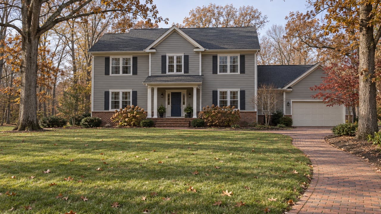A gray lap-sided home with a small brick porch sits beyond a broad autumn lawn framed by mature oaks.