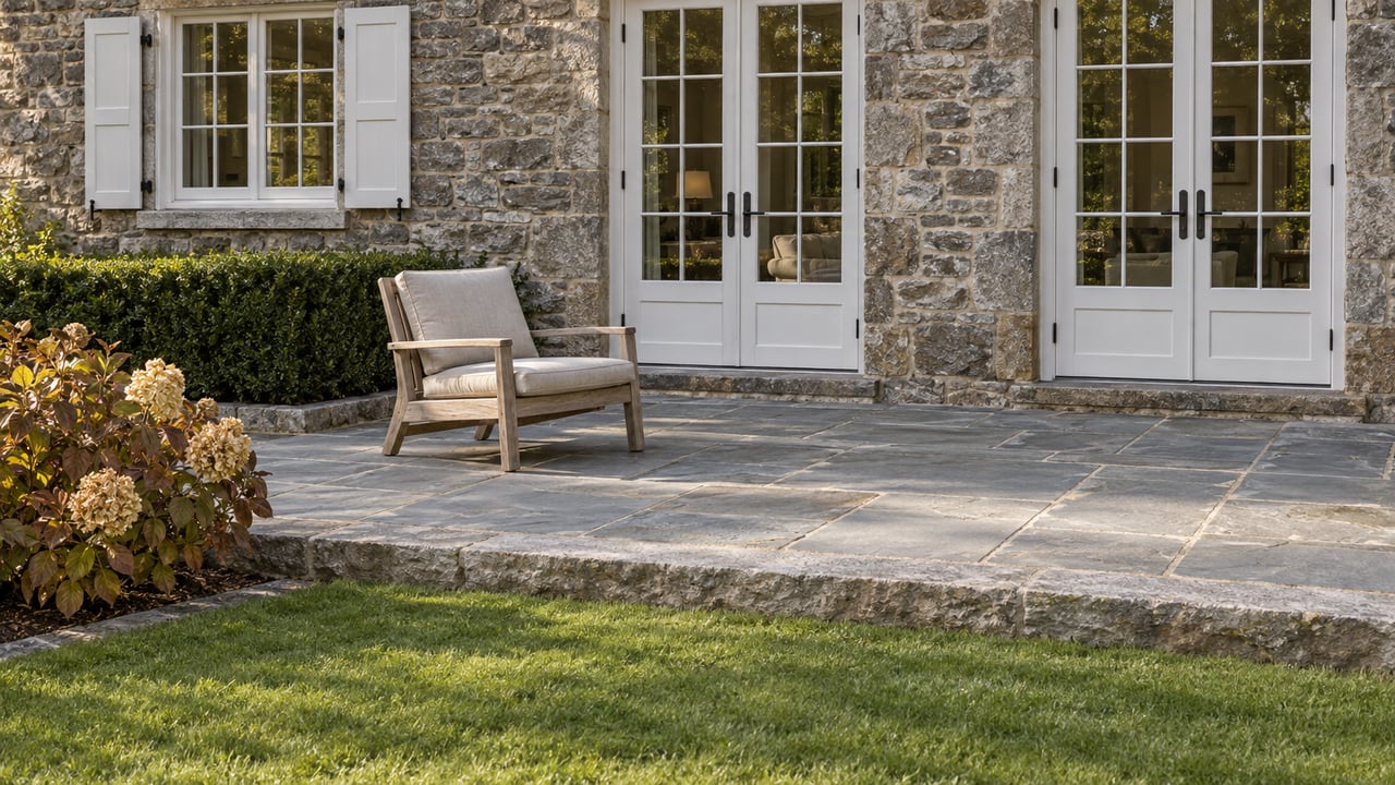 Gray-brown stone home with white French doors opening onto a slate terrace, a weathered teak chair, and a planted lawn edge.