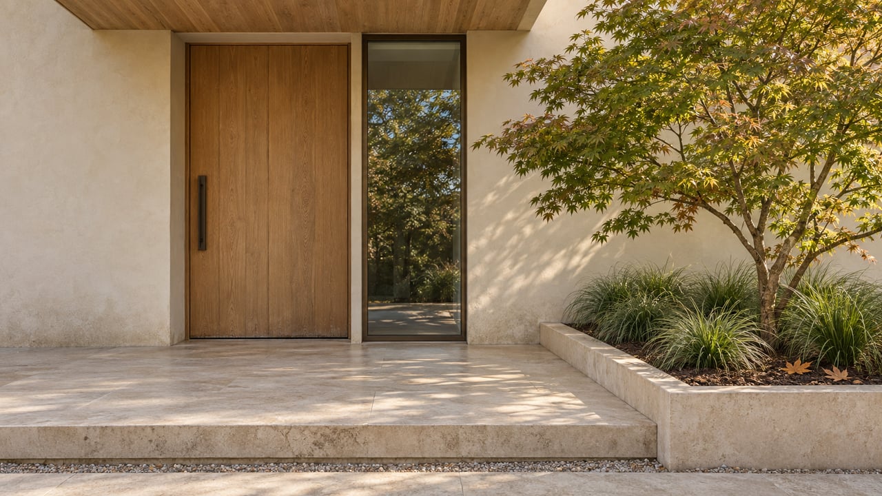 Sunlit limestone entry terrace with an oak front door, bronze-framed sidelight and a Japanese maple in a raised planter.