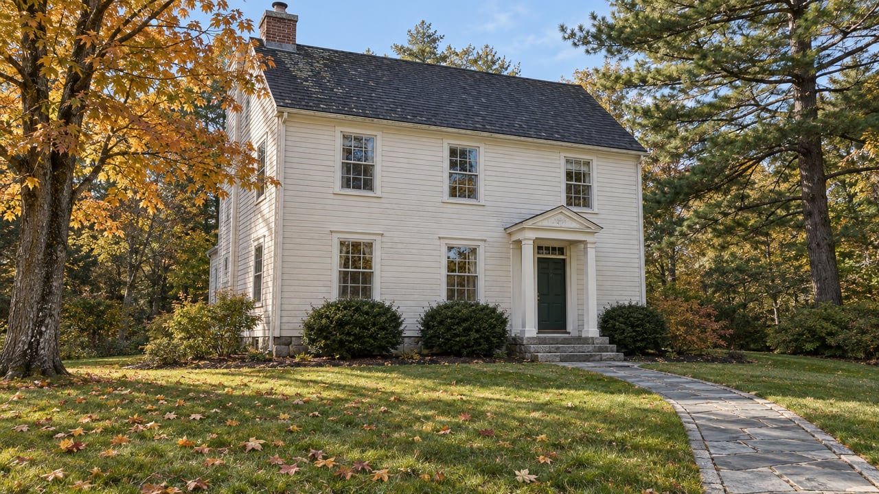 Ivory clapboard home with granite entry steps and a curving bluestone walk across an autumn lawn beneath mature maple and pine trees.