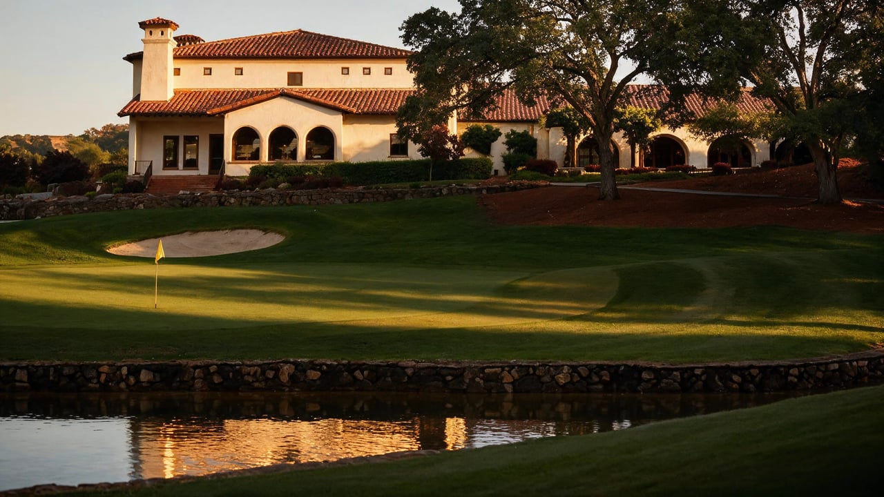 Catta Verdera Country Club clubhouse beside a golf green and reflective pond at golden hour.
