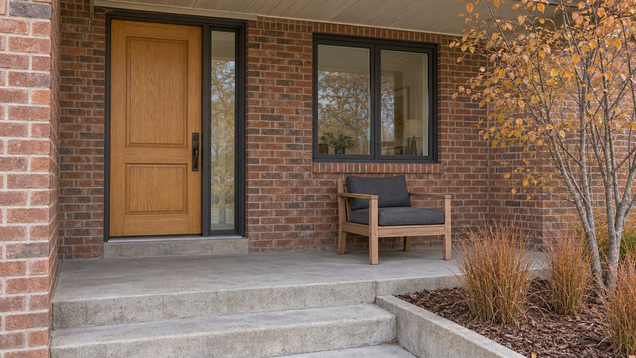 Autumn light on a brick home's covered porch, oak front door, teak chair, and small serviceberry planting bed.