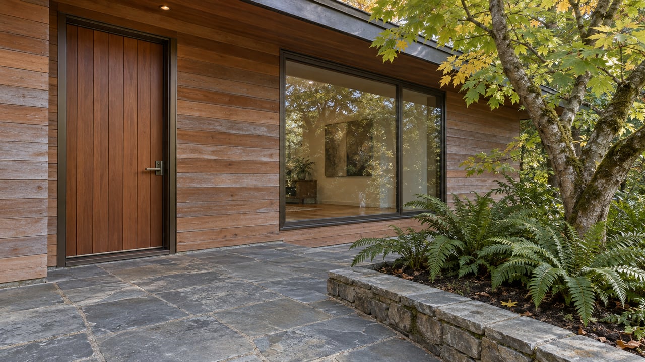 Redwood entry door and bronze-framed window above a weathered bluestone terrace, with a stone-edged planting bed of sword ferns and a bigleaf maple.