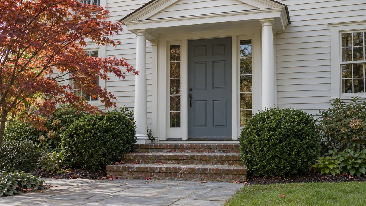 Muted blue-gray paneled door with sidelights, brick steps, and a copper-red Japanese maple.