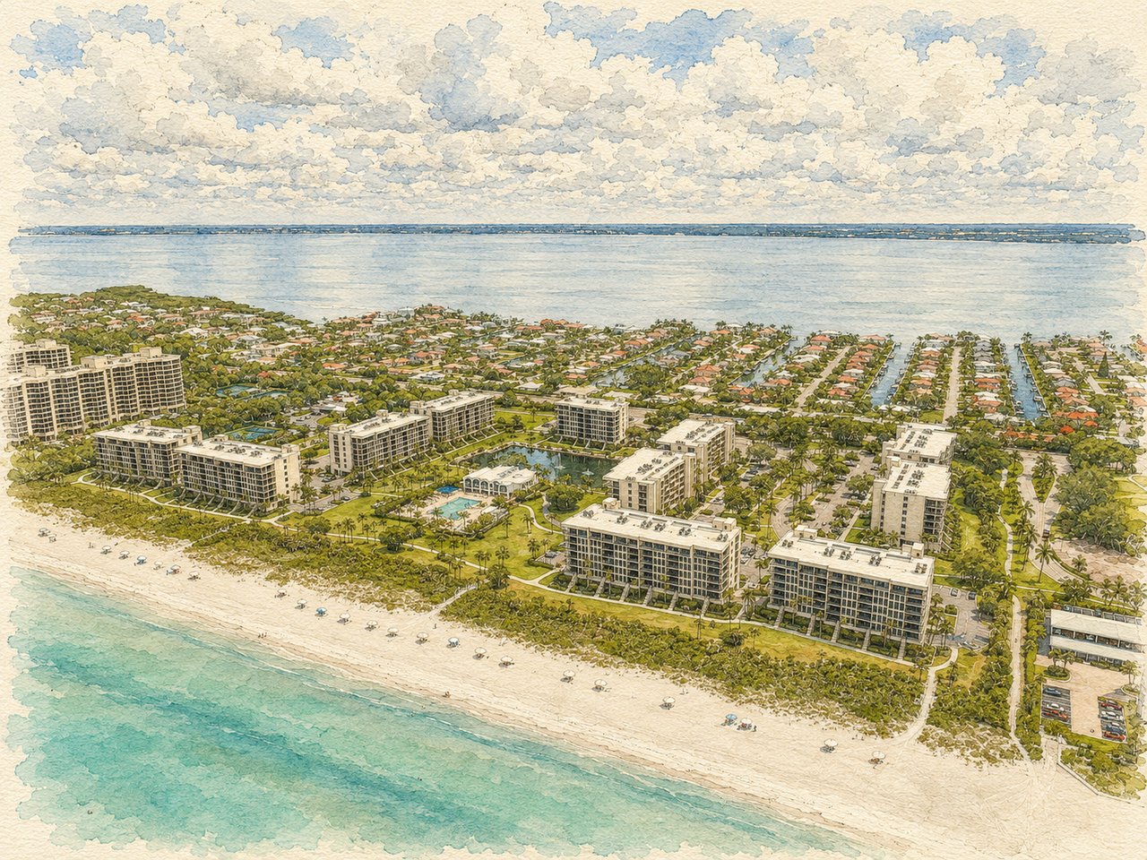 Aerial illustration of Beachplace, with beachfront condominiums, a swimming pool, and coastal homes beside the water.