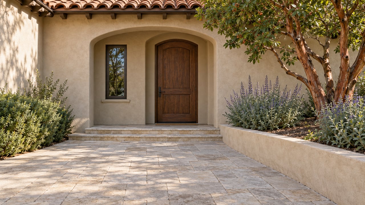 Recessed arched stucco entry with a closed oak door, limestone steps, and a small tree beside the facade.