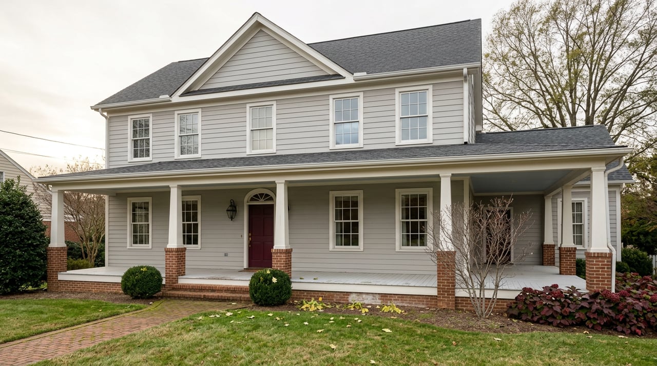 Dove-gray Colonial Revival house with a wine-red door, white porch, brick walkway, and willow oak canopy.