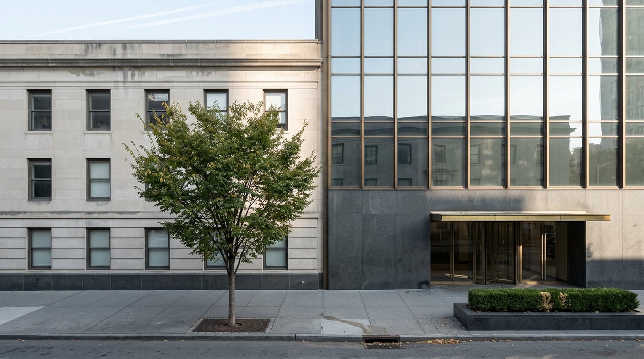 Limestone facade and bronze-glass tower flank a sidewalk, with a leafy street tree between.