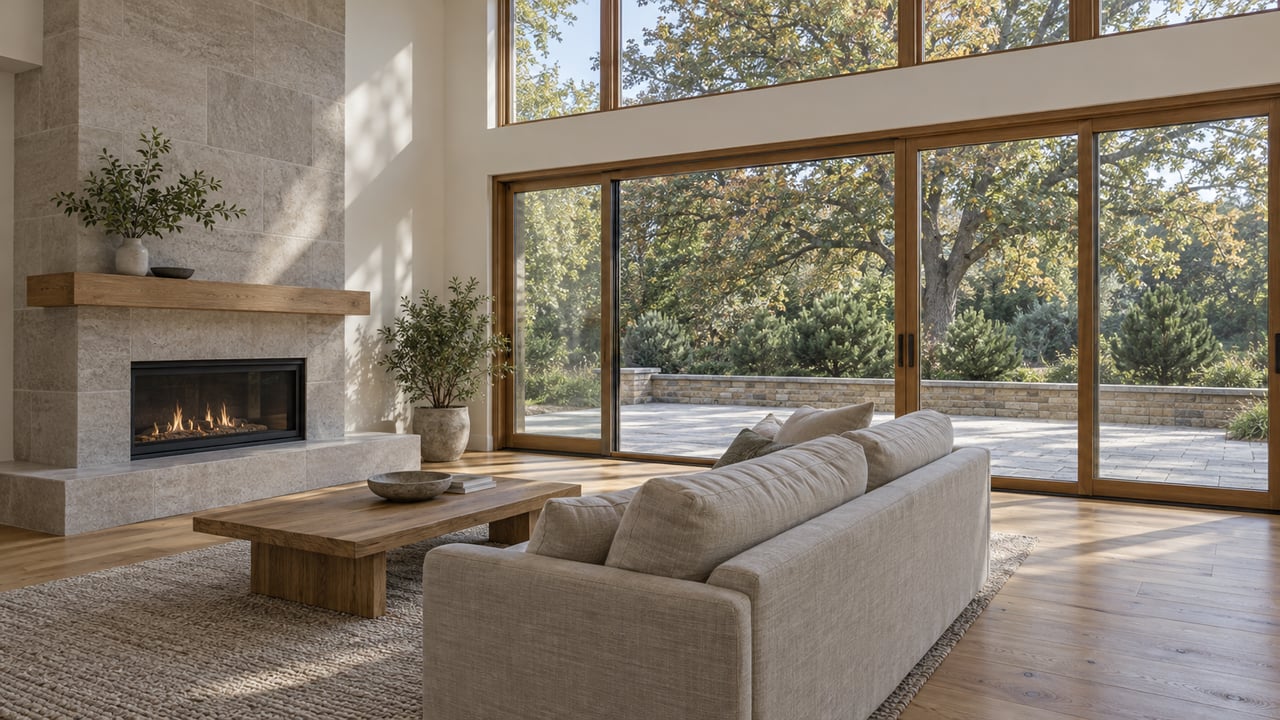 Sunlit living room with limestone fireplace, oak flooring, linen sofa and wood-framed glass doors overlooking a stone terrace.