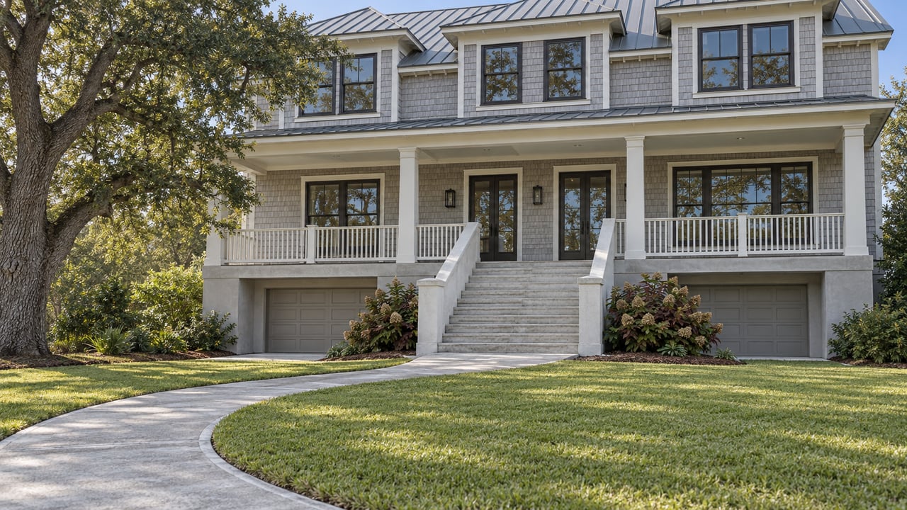 Gray shingle-sided home with a covered porch, broad front steps, and two garages.