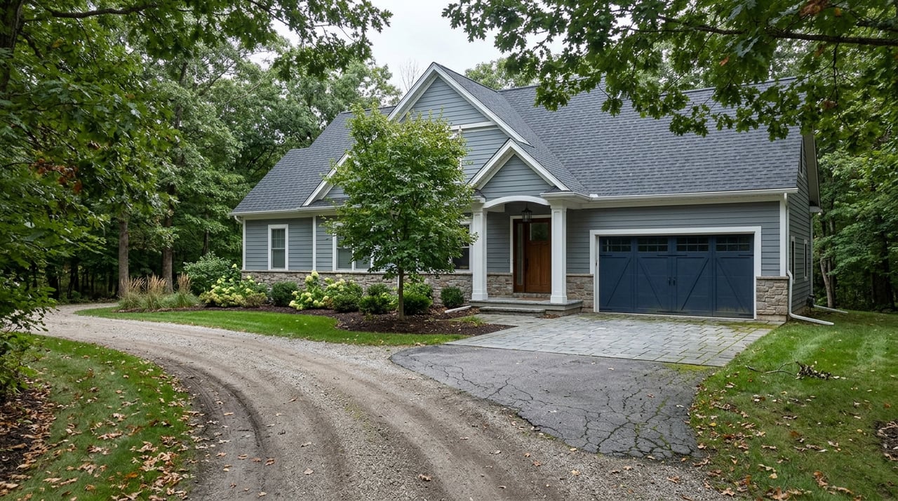 Gray-blue house with white trim and navy garage doors beside a curving gravel driveway under trees.