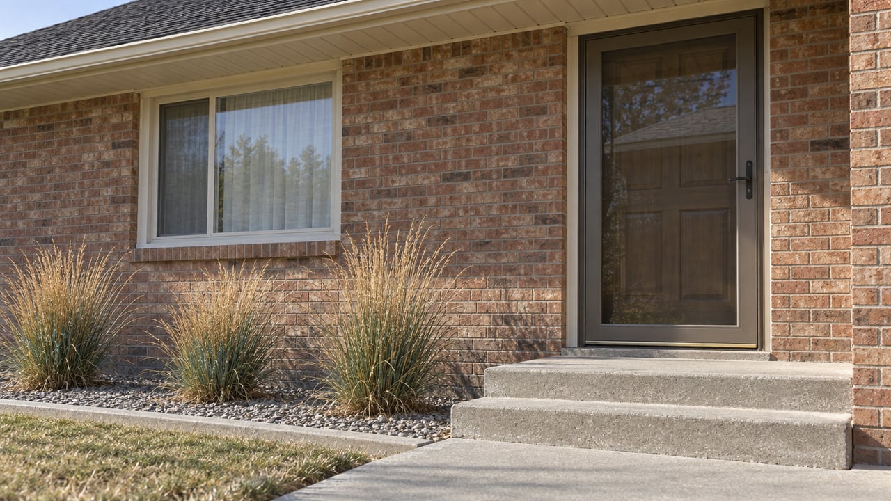 Close view of a buff-red brick home entry with a closed bronze storm door, cream-framed window, weathered concrete steps, and tawny little bluestem planting.